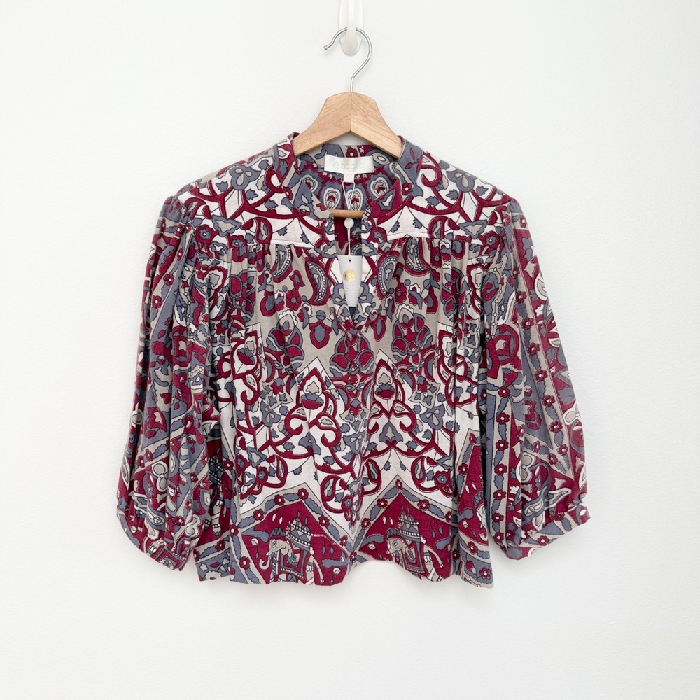 Bohemian Ikat Printed Peasant Blouse - Burgundy & Gray